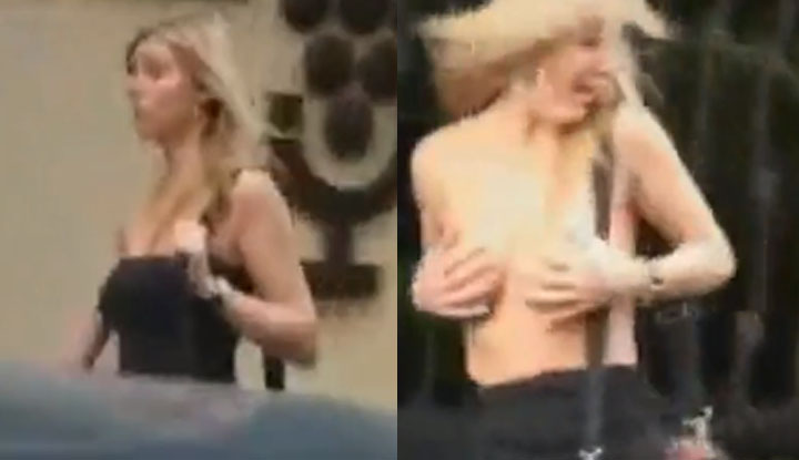 สาวสวยโดนแกล้ง ดึง นมโผล่ กลางถนน