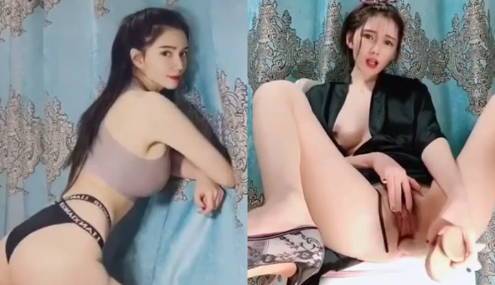 Miss beautiful breasts dance while taking off, warm up enough, then take a big toy and insert it by herself