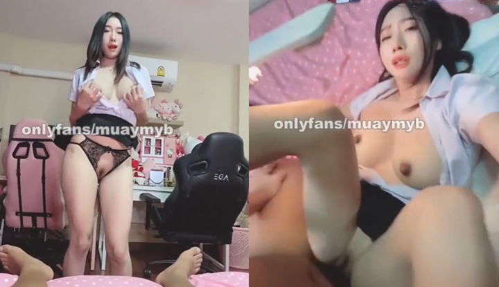 leaked video of muaymyb, featuring miyabi, a beautiful girl with big breasts and a great body, wearing a student uniform to seduce her husband. she sucks his penis, squeezes out the cum, spreads her legs for him to have raw, intense sex, straddles him, and finishes with him ejaculating all over her breasts.