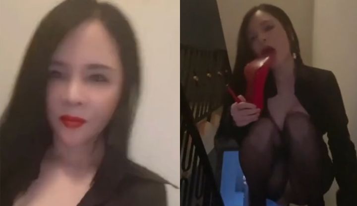 a lewd, masochistic mature woman masturbates wantonly in the stairwell.