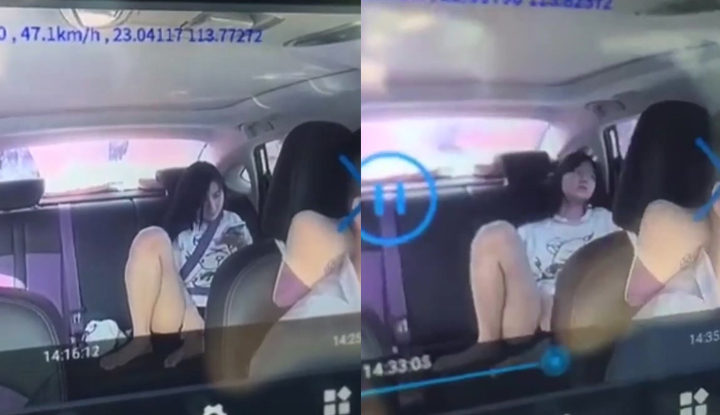 a female traveler is watching a video and surrenders in a taxi, spreading her legs and touching herself happily like at home!