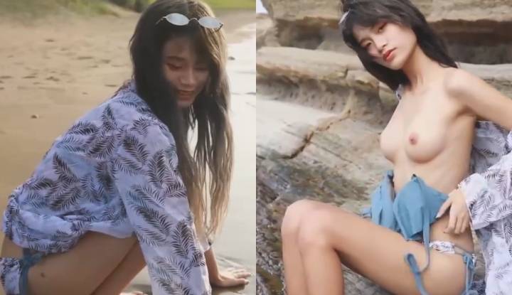 a sexy little tiger shows off her figure on the beach, moaning. her eyes smile like a cute doll, mesmerizing the soul. her beautiful, round, firm breasts point to the sky. sitting on a stone bench, separating her secret part, letting the waves wash over her small, sensual hole!