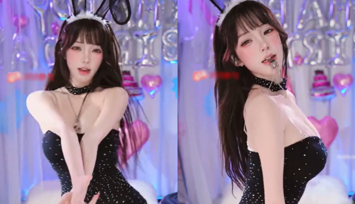 the cute little bunny jumps high in a super hot and sexy dance move, shaking her breasts in a very alluring way.