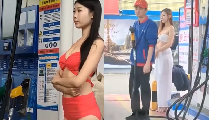 hot bikini promotion at jiangmen beauty no.1 gas station! beautiful girls in bikinis refueling their cars – their slender waists and shapely hips attract countless eyes! business is booming, with hour-long queues, and drivers are shouting that it's totally worth it!