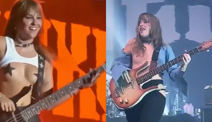 วิคตอเรีย สมาชิกวงร็อกสัญชาติอิตาลี Måneskin โชว์หน้าอกระหว่างการแสดงสด! เทพธิดาสาวถอดเสื้อผ้าและโชว์หน้าอกซ้ำแล้วซ้ำเล่า สร้างบรรยากาศสุดมันส์ด้วยเสียงกรีดร้องของแฟนๆ และเสน่ห์ร็อกที่เร้าใจ!