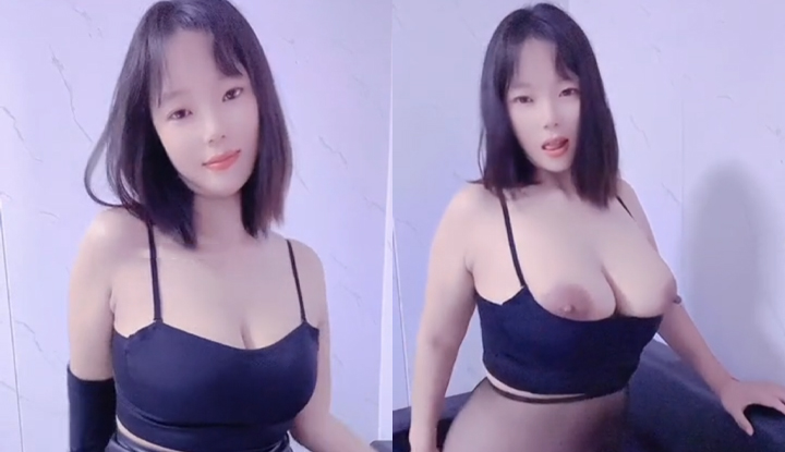 busty older sister's hot dance on the sofa, black stockings and alluring buttocks