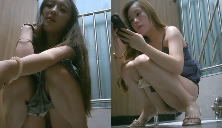 secretly filming in a women's restroom of a luxury office building: several young, goddess-like office ladies urinate. a beautiful woman with glasses can't hold it in and masturbates after urinating.