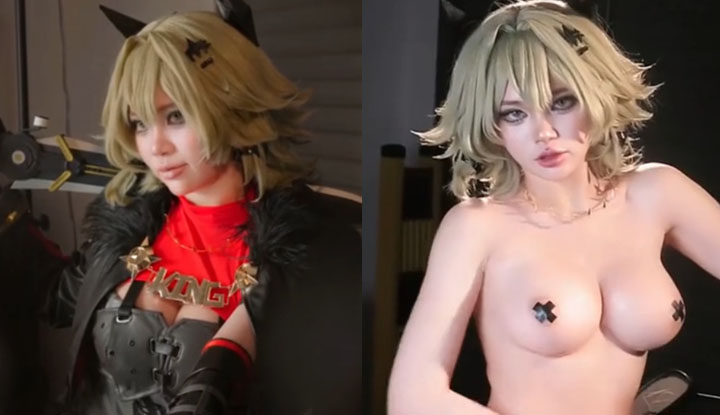 2d girl zinieq cosplaying asuna: childlike face, giant breasts, showing off a horny, hungry butt – a perfect fusion of character and desire.