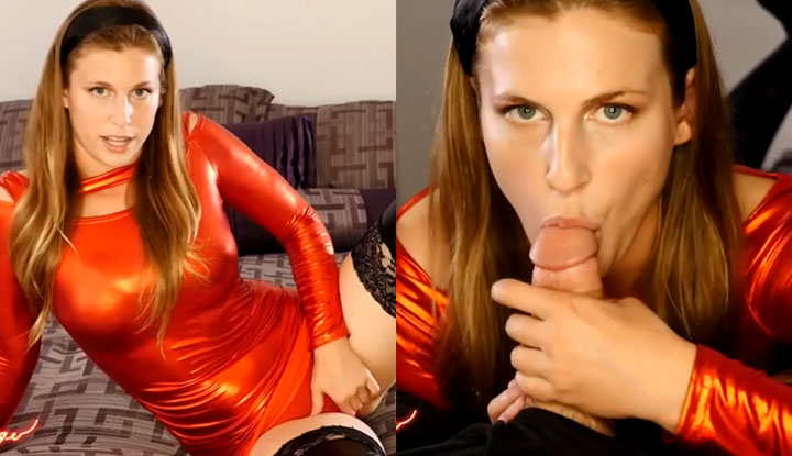 [western] xev bellringer - sexy babe in a tight outfit, legs spread, anal stimulation, and getting shot all over her face.